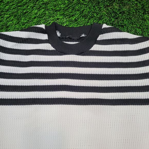 VTG 80s MOD Striped Preppy Waffle Knit Shirt Tee Womens L Striped Ringer - Picture 2 of 5
